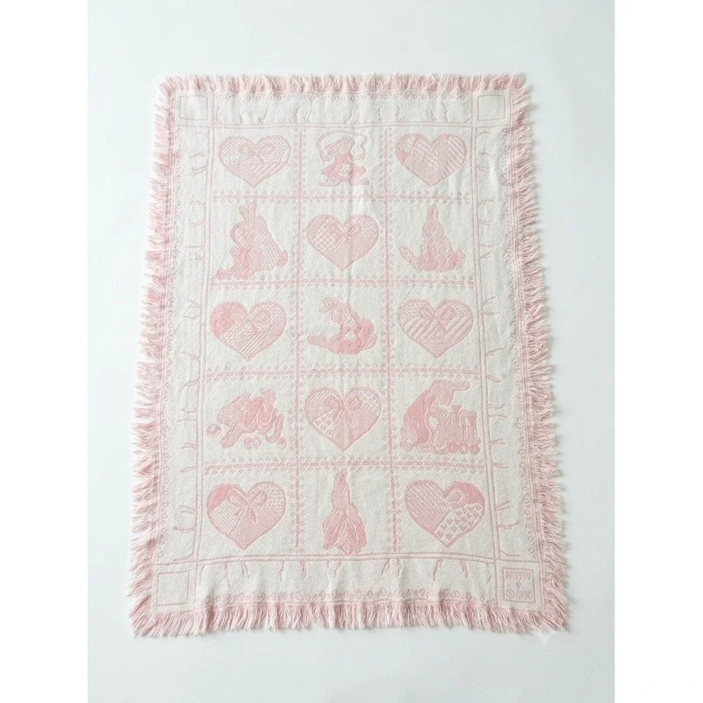 Vintage 1990 MWW Baby Tapestry Blanket Pink White Bunny Hearts Nursery 47x32